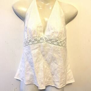 Y2K 2000s Identity 100% Linen TankTop Women 10 Ivory Babydoll HalterNeck Preppy